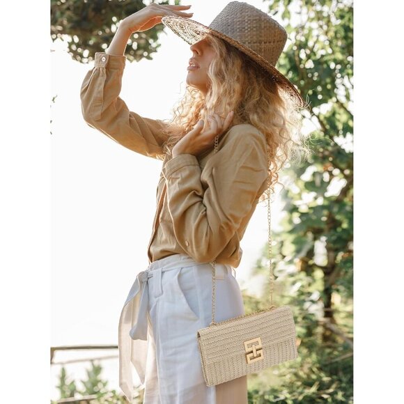 🆕Women White Straw Raffia Woven Beach Bag Clutch Crossbody Shoulder Purse - Picture 6 of 6